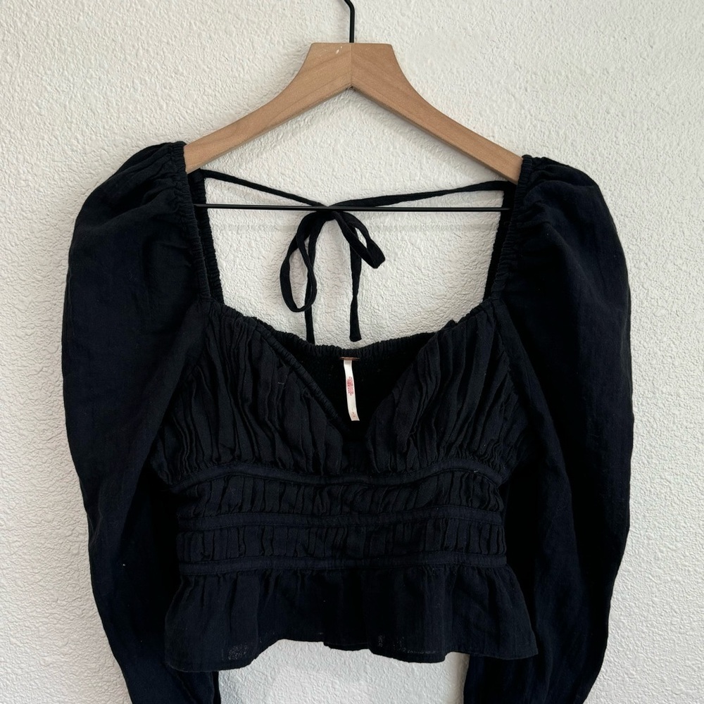 Free People Women's Small Black Chloe Puff Sleeve Blouse - Picture 8 of 10